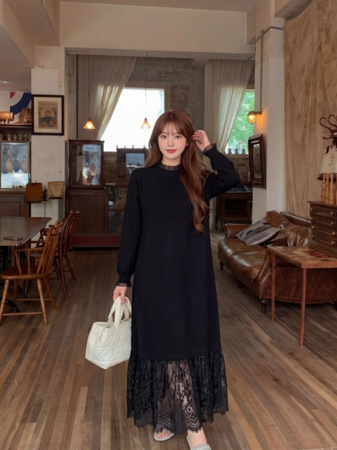 Women Fashion Over The Years - فستان محبوك بحافة دانتيل مقاس كبير،